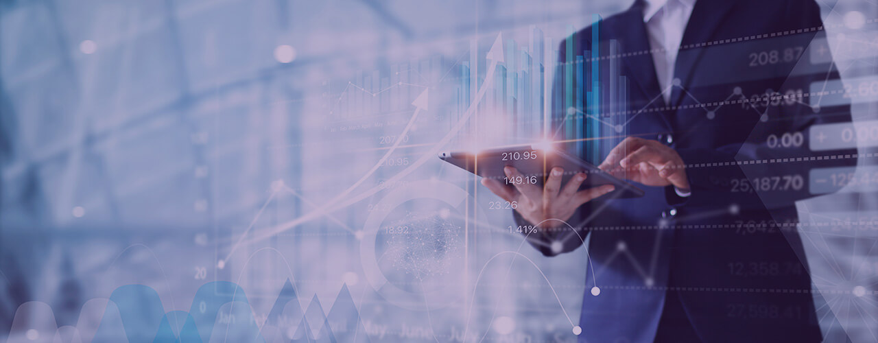 Graphic with a person looking at virtual data in front of them