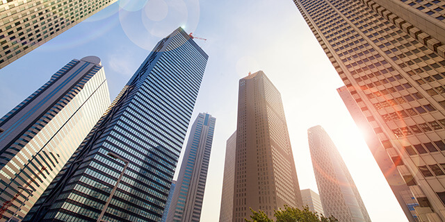 Picture of skyscrapers from street view looking up